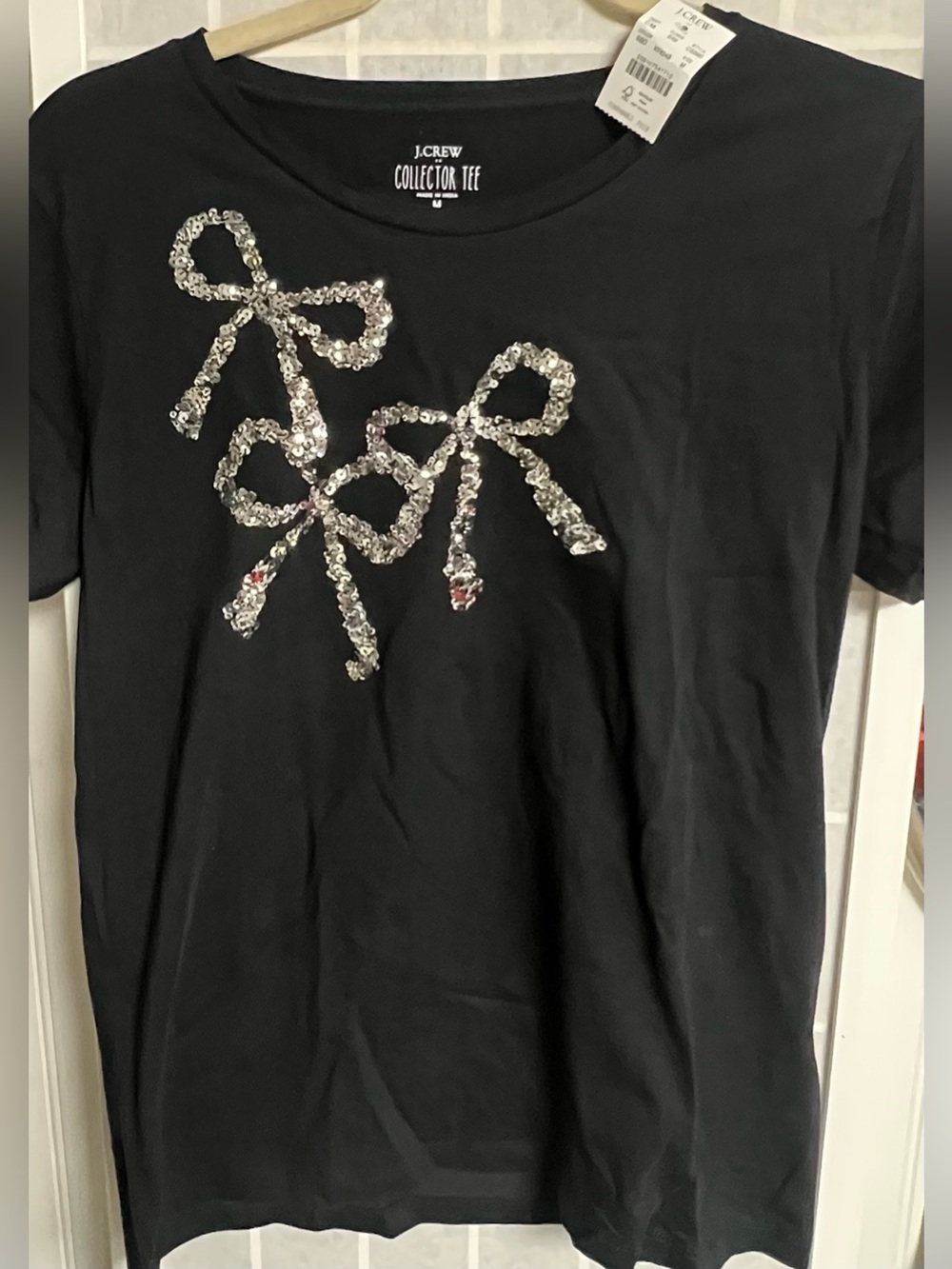 NWT J.Crew Collector Tee Sequin Bows Black Sz M